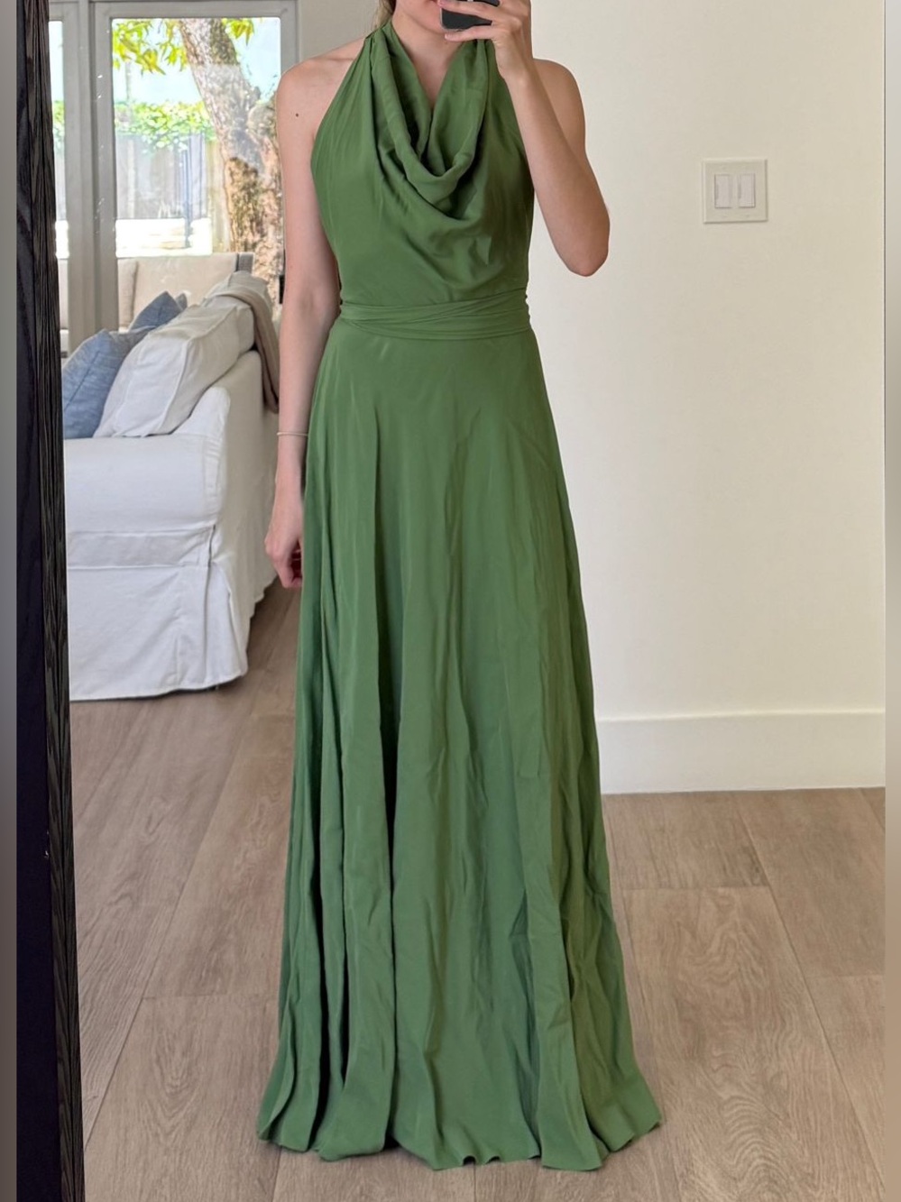 Sculpted Cowl Halter Maxi Dress in Olive Green